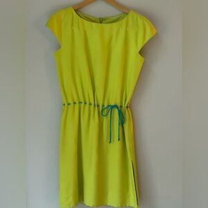 Designer Raw Silk Peasant Shift Dress W/ Satin Teal Ribbon Accent (Size 6)